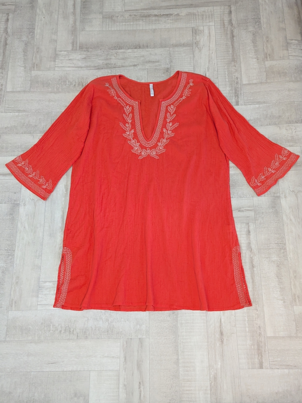 Y2K Old Navy Womens XL Gauze Crinkle Cotton Coral Shirt Dress Embroidered Boho